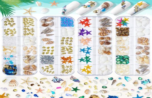 12 latticeBox Kit de décorations pour ongles de style bleu mer Mélange d'étoiles de mer Aurora Shell Flake Conch Pearl Rivets Marine Summer Nail Adorn4347763