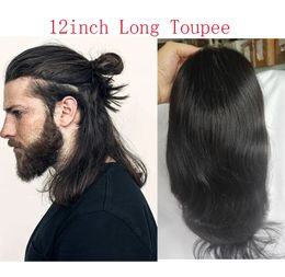 12 Tupé largo para hombres Sistema de reemplazo de cabello humano 100% virgen para hombres Tamaño de base 10x8 Frente de encaje suizo con cabello de tupé de PU240115