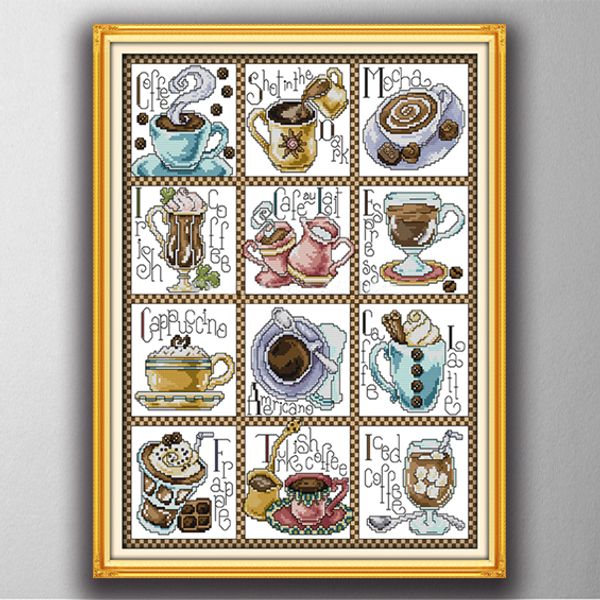 12 meses de patrones de pinturas decorativas de dibujos animados de café, juegos de costura hechos a mano con bordado de punto de cruz, impresión contada en lienzo DMC 14CT / 11CT