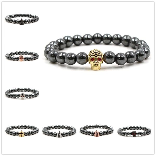 12 Options perles hématite breloque squelette CZ tête de crâne casque or argent noir Bracelets Vintage bijoux Pulsera Hombres