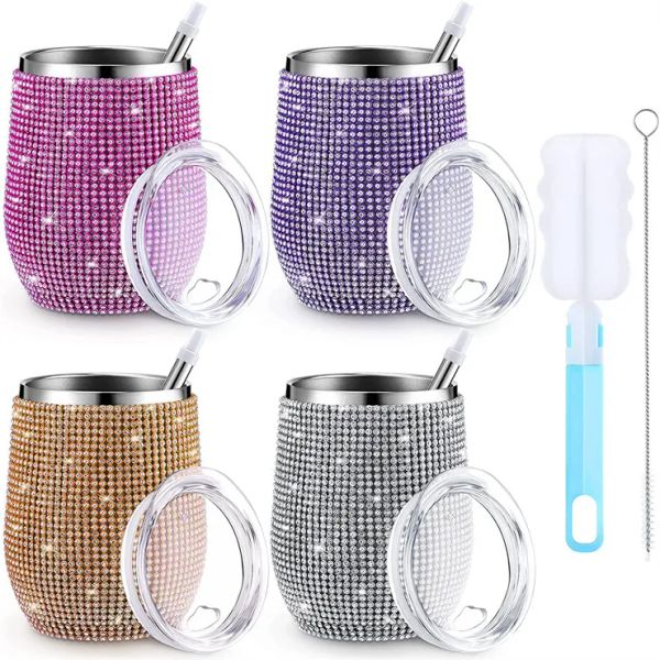 Vaso Bling de 12 oz con vasos de vino con diamantes de imitación, taza aislada de acero inoxidable con purpurina de paja térmica al vacío 920