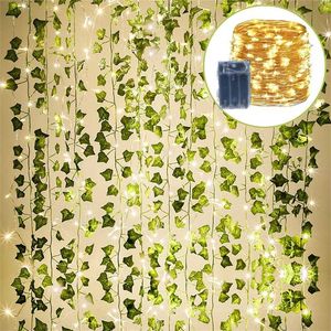 12 Pack Vert Artificielle Ivy Guirlande Plantes Vigne Suspendue avec Guirlande Lumineuse LED pour La Maison Cuisine Jardin Bureau De Mariage Décoration Murale 211104