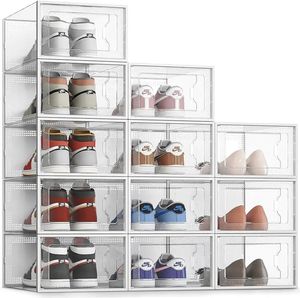 12 stuks grote schoenenopbergdozen voor kasten, maat 11, doorzichtige plastic stapelbare sneakercontainers, bakken met deksels 240116