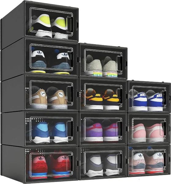 Paquete de 12 cajas organizadoras de zapatos, contenedores de almacenamiento de zapatos apilables de plástico negro para armario, soporte para zapatos que ahorra espacio, vitrina para zapatillas 240129