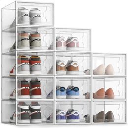 Paquet de 12 boîte de rangement de chaussures organisateur de chaussures empilable en plastique transparent pour placard étagère à chaussures Sneaker s adapté jusqu'à la taille 14 clair 240229