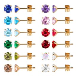 Juego de 12 pares de aretes de acero inoxidable chapados en oro de 18 quilates, aretes redondos de circonita cúbica con piedra natal para mujeres y niñas 240228