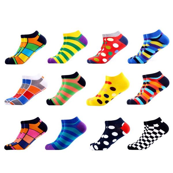 12 paires Lot hommes décontracté été cheville chaussettes coloré heureux drôle coton peigné rayé nouveauté Hip Hop Tendy chaussettes courtes 261L