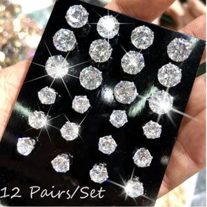 12 Paies PACK Boucles d'oreilles de goujon de mariage brillant blancs pour femmes hommes de bijoux en cristal accessoires minimalistes cadeaux 240511