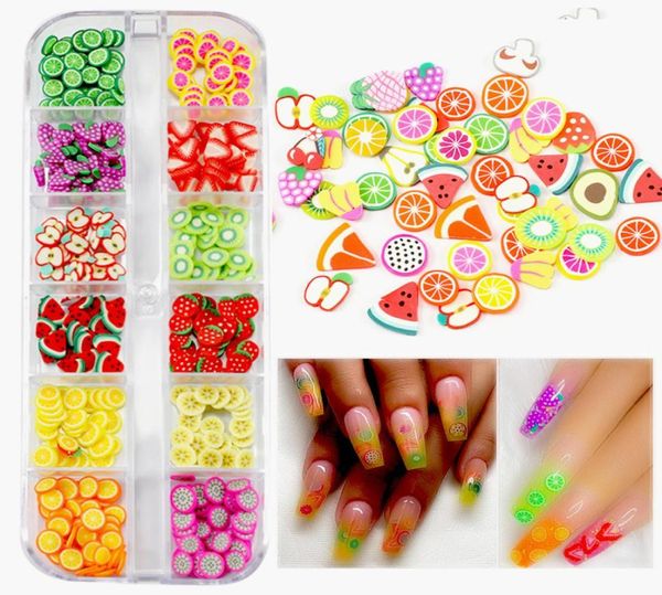 12 modèles Nail Art tranches de fruits décorations pâte polymère bricolage coloré ongles paillettes UV Gel manucure 3D mignon charmes accessoires 7951648