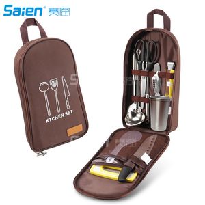 12 stks Camping Keuken Gebruiksvoorwerp Set, Camp Cookware Utensils Organizer Travel Kit met Waterbestendig Case, Snijplank, Rijstpeddel,