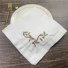 12 PCS Dîner de Noël serviettes de table en lin d'assoupissement blanc avec des serviettes à thé floral brodées de couleur 20x20 "/ 22x22"