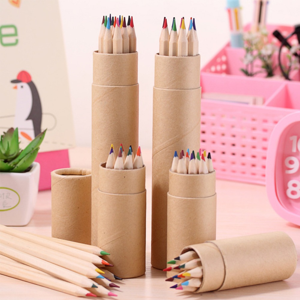 귀여운 만화 연필 케이스 아트 컬러 드로잉 컬러로 포장 된 12 PC 색연필