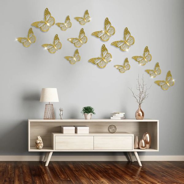 12 PC Sala de estar Textura de metal estereoscópico Hollow Hollow Realistic Butterfly Comedor de pared de pared de pared para dormitorio