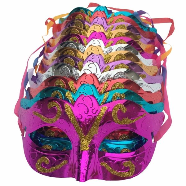 12 pcs / lot, or brillant parti masque plaqué accessoires de mariage mascarade mardi gras masque mascaras venecianas para fiestas fx196 Y200103