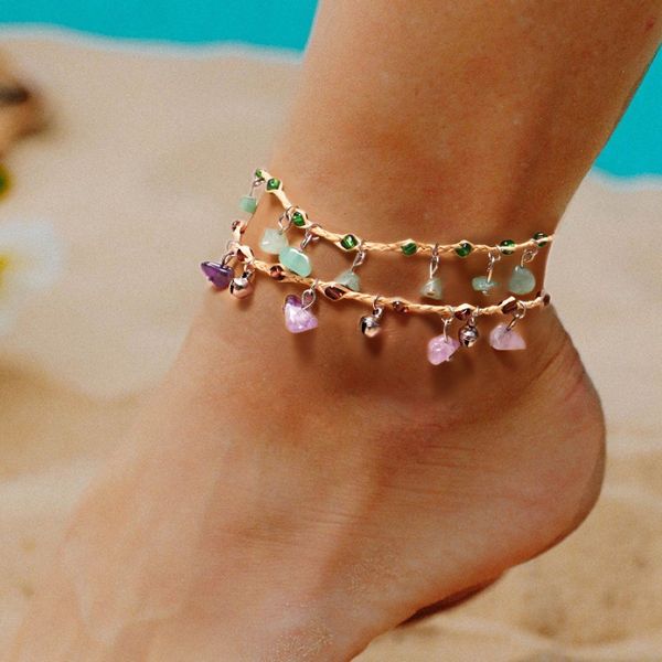 12 pcs Nouveaux rotin enveloppe VSCO Foot cheville coloré Stone Barefoot Bracelet Friendship Chevolet Boho Beach Leg Bijoux pour les femmes Whol 3368