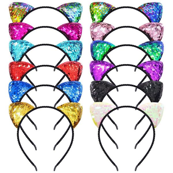 12 pièces bandeau oreilles de chat à paillettes réversibles cerceaux d'oreilles de chat brillants mignon Bling Kitty bandeau accessoires de cheveux pour filles femmes D