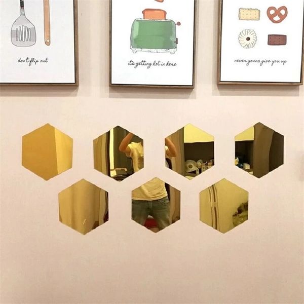 12 PCS / Set 3D Grand Hexagone Miroir Stickers muraux Restaurant Allée Auto-adhésif Carreaux de céramique Salle de bains Miroir décoratif Autocollants 211124