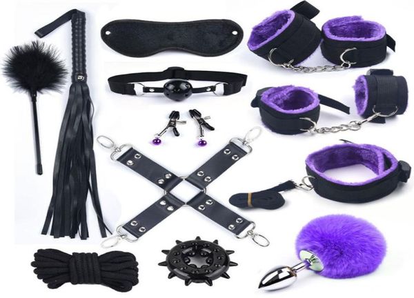 12 pièces ensemble en nylon jouets sexuels en peluche pour adultes femmes menottes fouet bouche gag corde érotique Bdsm bondage avec queue anale en métal renard Y2018284756