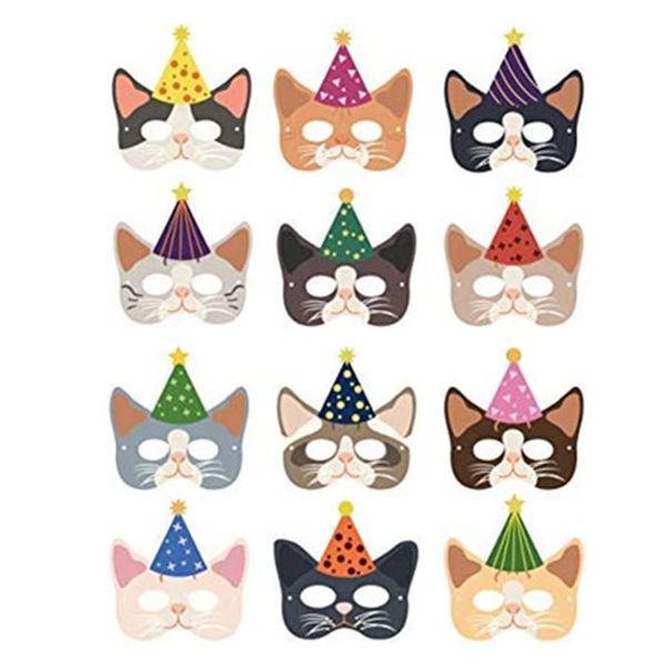 12 piezas Tema de gato Fiesta de cumpleaños Suministros de máscara para mascotas Máscaras de gato Disfraces Foto Prop Baby Shower Party Favor Supplies