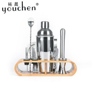 12-pieces Cocktail Shaker Set 750 ml / 550/350 Bar Tool Shakers Roestvrij staal met stijlvolle bamboestand