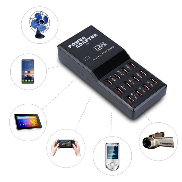 Freeshipping Adaptador de potencia de cargador USB de carga rápida de 12 puertos para la tableta de teléfonos inteligentes Ventilador de juegos de cámara de PC UK/EE. UU./EU enchufe