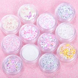 12 Potten / Set Laser Transparante Pailletten Parels Holle Nail Art Decorations Eye Glitters Multi Gebruik 3D Manicure Make-up Accessoire Nieuw