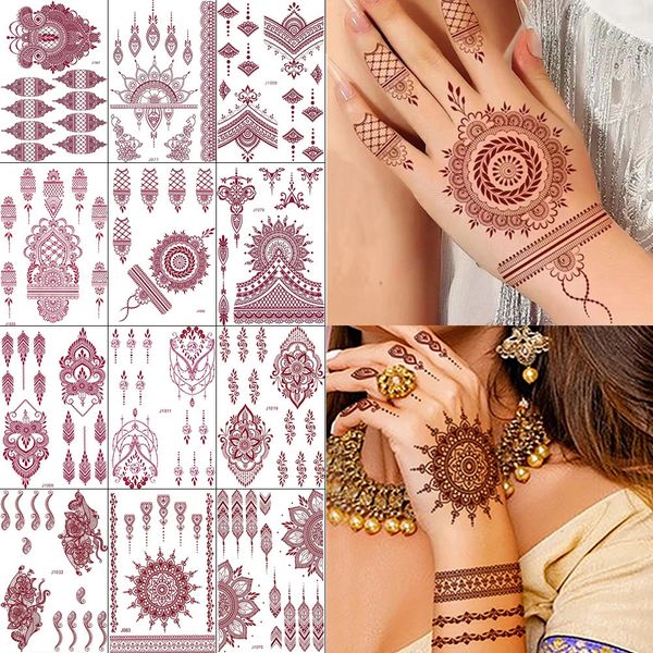 12 SheetsLot impermeable tatuaje de henna pegatinas de henna marrón para mano tatuaje falso mujeres arte corporal diseño temporal pegatinas mehndi 240309