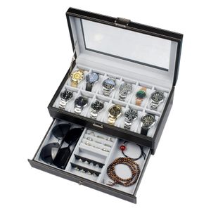 12 boîtes de rangement de montre verrouillable en cuir Pu en cuir pour hommes bijoux de bijoux de datherage d'affichage à 2 niveaux de montre organisatrice vitrine 240412