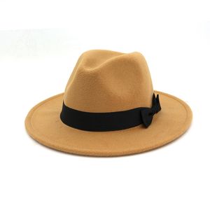 12 Solid Color Black Wol Felt Panama Fedora Hat Bowknot Band Verfraaid Vrouwen Mens Breed Brim Jazz Hat Cap Trilby
