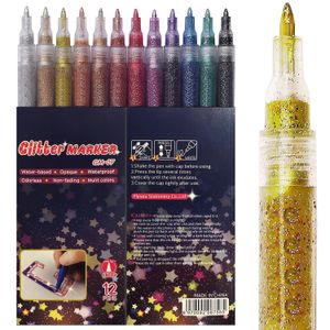 12 Sparkle Kleur Verf Markers Acryl Glitter Marker Pennen Ultra Fijne Punt 07mm voor Rock Schilderen DIY Ambachten 240229