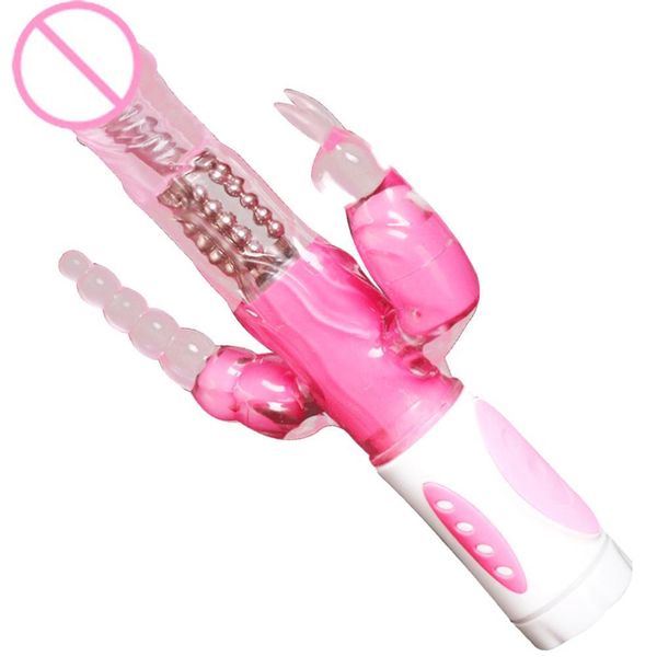 Vibrador de Triple placer con forma de conejito para mujer, estimulador de clítoris y punto G, consolador con rotación de enchufe Anal, juguete sexy para mujer, 12 velocidades