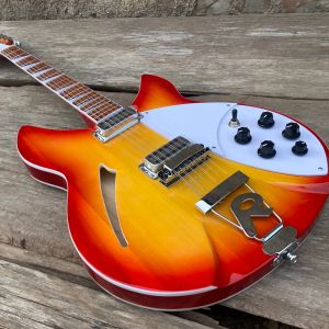 12 String Semi Hollow Body Electric Guitar, Cherry Burst Color, 2 Input Jacks, R Tailpiece Bridge, 360 Guitarra, gratis verzending