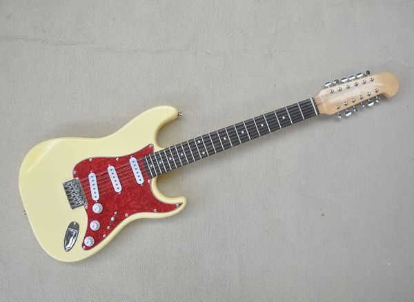 Guitare électrique jaune 12 cordes avec micros SSS touche palissandre personnalisable