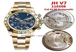 12 stijlen Hoge kwaliteit JH V7 40mm CAL4130 Automatische chronograaf Heren Watch 116508 Blauwe wijzerplaat 18K Geel Gold Bracelet Gents Watche4701986