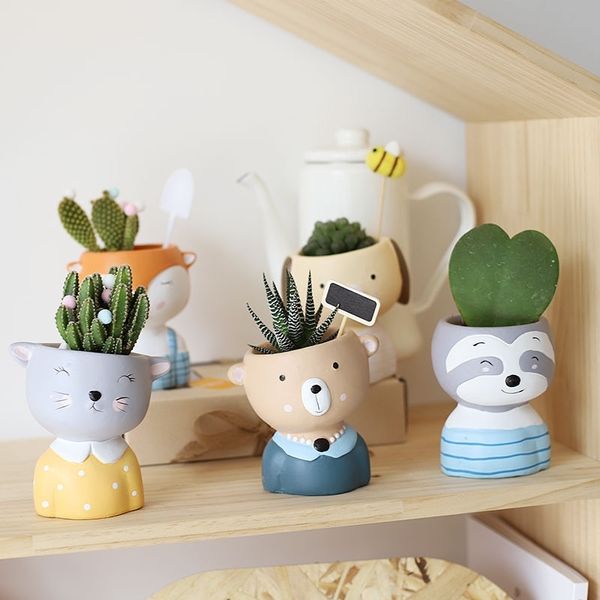 12 types en céramique mignon animal pot de fleur avec dessin animé ours renard singe peint plantes succulentes fleur vase tête décoration de la maison 210401