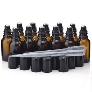 12 x 15 ml Amber glazen rol op flesflesjes met roestvrijstalen roller bal zwart dop deksel voor parfum etherische olie aromatherapie