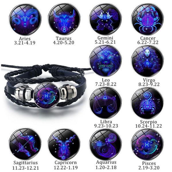 Bracelet à breloques lumineux 12 constellations du zodiaque pour hommes et femmes, corde tressée en cuir, bracelet réglable, chaîne à main horoscope, prix de gros