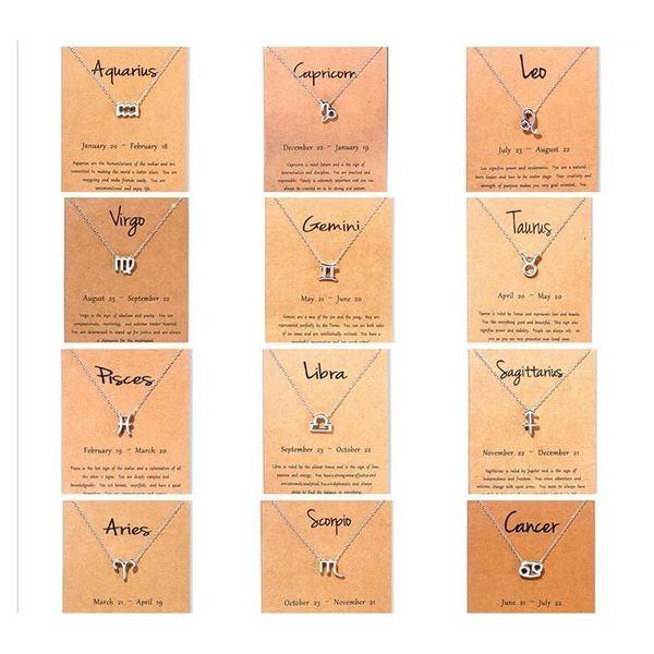 12 collares del zodiaco con tarjeta de regalo signo de constelación colgante collar de cadenas de plata para hombres mujeres joyería de moda en barco a granel 67Apo