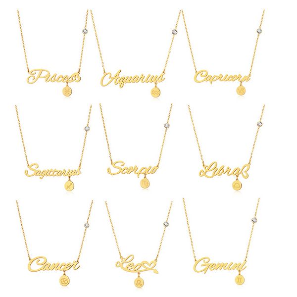 12 Signe du Zodiaque Collier Pendentif Chaînes en Or Acier Inoxydable Vierge Cancer Lettre Pendentifs Charme Signe Étoile Tour de Cou Astrologie Colliers pour Femmes Fine Fashion Jewelry