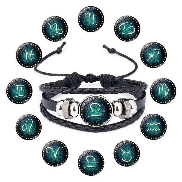 12 boutons pression signe du zodiaque Bracelets en cuir 18mm charme horoscope gingembre bracelet réglable pour femmes hommes mode Noosa bijoux en vrac