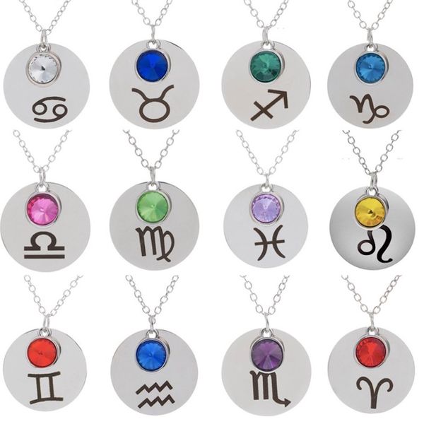 12 Signes du Zodiaque Pendentif Colliers Constellations Horoscope Astrologie Acier Inoxydable Strass Rond Argent Sautoirs Bijoux pour Femmes Cadeau