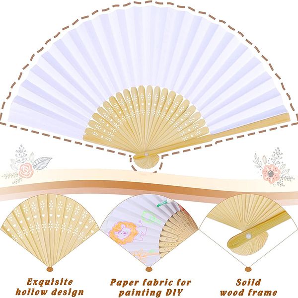 120-20pcs Fans de mains en papier mariage Blanc Bamboo fan ventiles fans pliables ventilateurs personnalisés Bridal Party Fan décor de maison