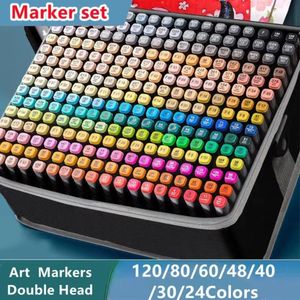 120/80/60/48Colors Marqueurs Double Brush Painting Set Manga Sketting Art Marker pour dessins Student School Butness Supplies 240328