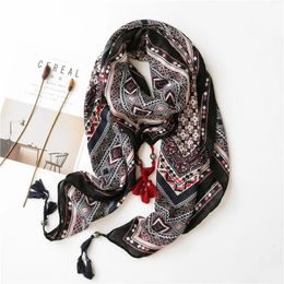 120 cm vierkante sjaal katoen linnen gevoel Boheemse printhoofddoek sjaal met kwastje dames mode kerchief hijab 240416