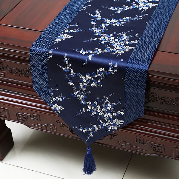 Chemin de table en satin de soie extra long patchwork fleurs de cerisier fête chinoise nappe jacquard damassé tapis de table à manger 300 x 33 cm