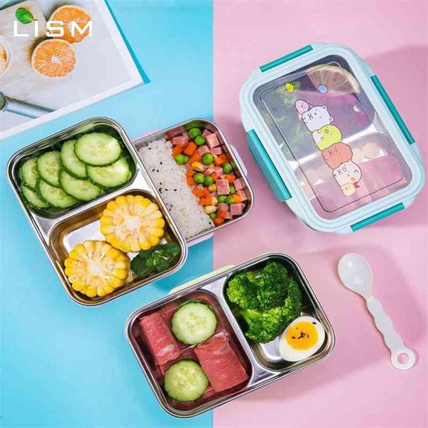 Caja de almuerzo de 1200 ml Cajas de Bento de acero inoxidable de doble capa Vajilla Contenedor de almacenamiento de alimentos Niños Dibujos animados Picnic Escuela Lonchera 210818