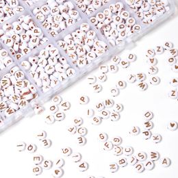 1200pcs / boîte Gold Couleur Lettre de perles acryliques Kits avec cordons extensibles pour collier de bracelet Bijoux de fabrication de perles en acrylique