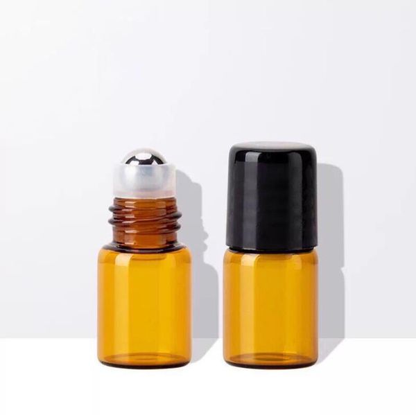 1200pcs / lot 2 ml rouleau ambre sur bouteilles en verre bouteille de parfum liquide à huile essentielle avec boule à rouleau en métal