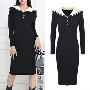 1202 XL 2023 robe de défilé automne robe revers cou noir à manches longues marque même Style Empire noir femmes robe mode YL