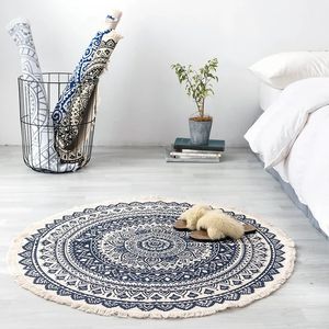 Tapis tissé en fil de coton de 120cm de diamètre, mandala boho, tapis de sol pour salon et chambre à coucher, tapis de pied avec pompon, coussin de yoga